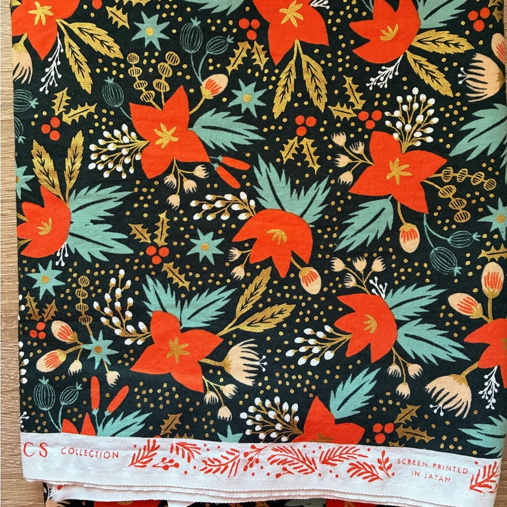 Rifle Paper Co. Metallic Fabric - Holiday Classics - Poinsettia - 1 Yard 🌲✨🌲✨🌲 - Picture 4 of 4